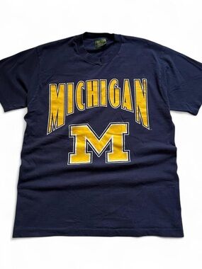 Vintage 1990s Michigan Block M Graphic T-Shirt - Navy & Yellow L